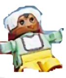 Duplo Figure, Child Type 2 Baby, Yellow Legs, Light Green Top with White Bib with Dark Pink Lace, White Bonnet (75702)