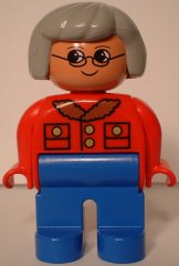 Duplo Figure, Female, Blue Legs, Red Jacket, Light Gray Hair, Glasses