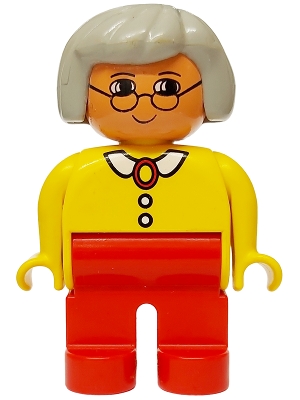 Duplo Figure, Female, Red Legs, Yellow Blouse with White Collar and 2 Buttons, Gray Hair, Glasses