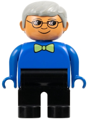 Duplo Figure, Male, Black Legs, Blue Top with Green Bow Tie, Gray Hair, Glasses