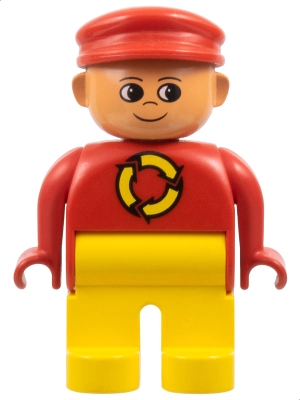 Duplo Figure, Male, Yellow Legs, Red Top with Recycle Logo, Red Cap, Turned Up Nose
