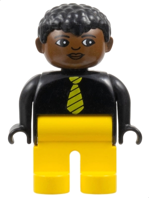 Duplo Figure, Male, Yellow Legs, Black Top and Yellow Striped Tie, Black Curly Hair, Brown Head