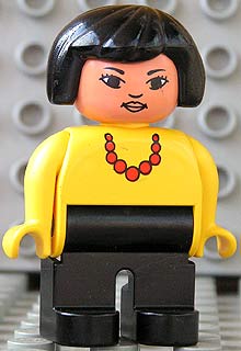 Duplo Figure, Female, Black Legs, Yellow Blouse with Red Beaded Necklace, Black Hair, Lips