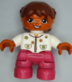 Duplo Figure Lego Ville, Child Girl, Magenta Legs, White Top with Flowers, Reddish Brown Hair with Braids, Oval Eyes