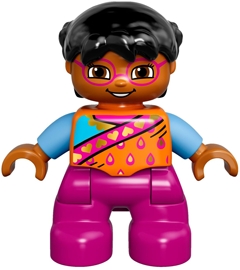 Duplo Figure Lego Ville, Child Girl, Magenta Legs and Glasses, Orange Top, Black Hair