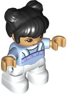 Duplo Figure Lego Ville, Child Girl, White Legs, Bright Light Blue Top with Bright Pink Flowers, Black Hair, Reddish Brown Eyes (6429732)