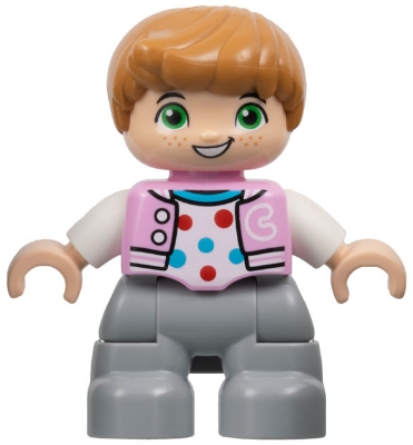 Duplo Figure Lego Ville, Child Boy, Light Bluish Gray Legs, Bright Pink Jacket with Capital Letter C, Polka Dot Shirt, Medium Nougat Hair (6446171)