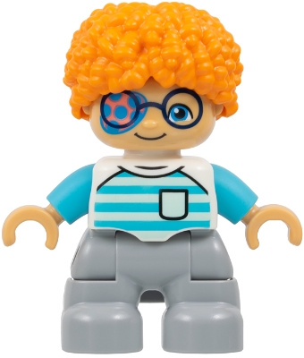 Duplo Figure Lego Ville, Child Boy, Light Bluish Gray Legs, White Shirt with Light Aqua and Medium Azure Stripes, Dark Blue Glasses, Coral and Dark Azure Eye Patch, Orange Hair (6533350)