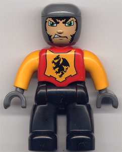 Duplo Figure Lego Ville, Male Castle, Black Legs, Red Chest, Bright Light Orange Arms, Dark Bluish Gray Hands