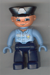 Duplo Figure Lego Ville, Male Police, Dark Blue Legs, Light Blue Top with Badge, Light Blue Hands, Black Hat