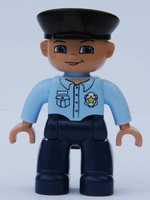 Duplo Figure Lego Ville, Male Police, Black Hat, Nougat Head and Hands, Bright Light Blue Shirt with Badge, Dark Blue Legs