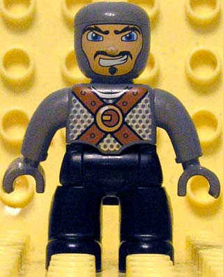 Duplo Figure Lego Ville, Male Castle, Black Legs, Dark Bluish Gray Chest with Brown Belts, Dark Bluish Gray Arms, Dark Bluish Gray Hands