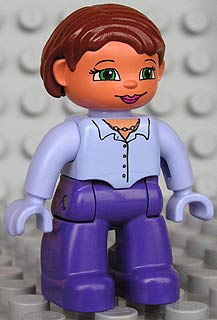 Duplo Figure Lego Ville, Female, Dark Purple Legs, Light Lilac Button Top with Necklace, Light Lilac Hands, Reddish Brown Hair, Green Eyes