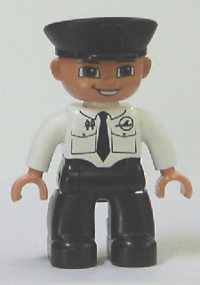 Duplo Figure Lego Ville, Male Pilot, Black Legs, White Top with Airplane Logo and Black Tie, Police Hat