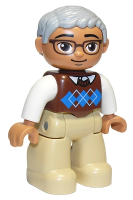 Duplo Figure Lego Ville, Male, Tan Legs, Reddish Brown Argyle Sweater Vest, White Arms, Light Bluish Gray Hair, Glasses, Oval Eyes