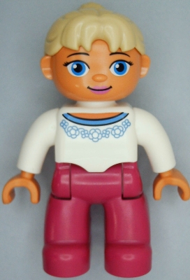 Duplo Figure Lego Ville, Female, Magenta Legs, White Sweater with Blue Flowers Pattern, Tan Ponytail Hair, Blue Eyes, Oval Eyes