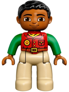 Duplo Figure Lego Ville, Male, Tan Legs, Red Shirt, Black Hair, Bright Green Arms
