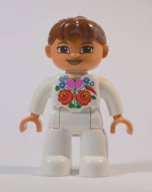 Duplo Figure Lego Ville, Female, White Legs, White Top, Brown Hair, Kalocsa Flowers Pattern on Front