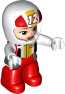 Duplo Figure Lego Ville, Female, Red Legs, White Race Top and Helmet with Number 12 Pattern (6345401)