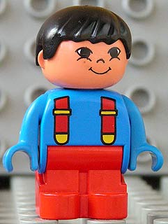 Duplo Figure, Child Type 1 Boy, Red Legs, Blue Top with Red Suspenders, Black Hair