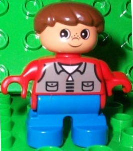 Duplo Figure, Child Type 2 Boy, Blue Legs, Red Top with Dark Gray Shirt, Brown Hair