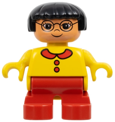 Duplo Figure - Female, Child Girl, Red Legs, Yellow Top with Collar and Buttons Pattern, Black Hair, Nougat Head (75501)