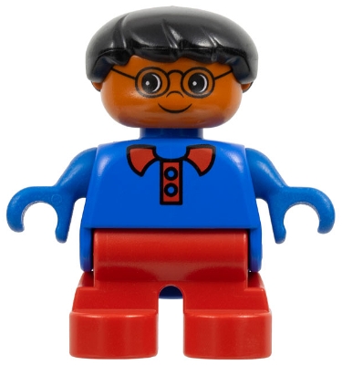 Duplo Figure - Male, Child Boy, Red Legs, Blue Top with Collar and Buttons Pattern, Black Hair, Dark Orange Head (75513)
