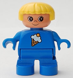 Duplo Figure, Child Type 2 Girl, Blue Legs, Blue Top with Ice Cream Pattern, Yellow Hair