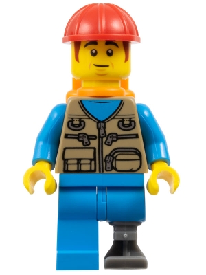 Train Worker - Male, Dark Tan Vest, Dark Azure Legs, Prosthetic Left Leg, Orange Air Tanks, Construction Helmet