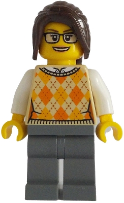 Ticket Vendor - Female, Tan Knit Argyle Sweater Vest, Dark Bluish Gray Legs, Dark Brown Hair Ponytail Long with Side Bangs, Glasses