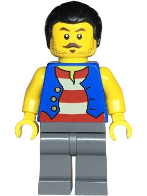 Pirate - Male, Blue Vest, Dark Bluish Gray Legs, Black Hair with Short Ponytail