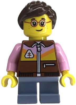 Child - Girl, Reddish Brown Jacket, Sand Blue Short Legs, Dark Brown Ponytail, Glasses, Freckles