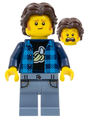 The Art of Chocolate Customer - Male, Dark Azure Flannel Shirt, Dark Blue Banana T-Shirt, Sand Blue Legs, Dark Brown Short Wavy Hair