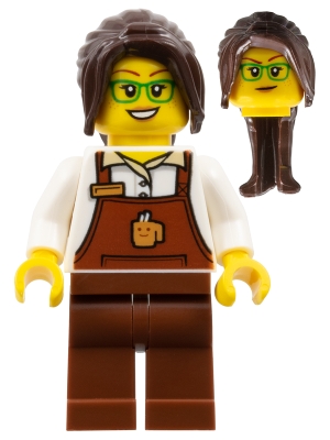 The Art of Chocolate Barista - Female, Reddish Brown Apron with Cup and Name Tag, Reddish Brown Legs, Dark Brown Hair Ponytail Long