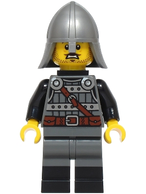 Knight - Male, Dark Bluish Gray and Silver Armor, Black Boots, Flat Silver Helmet with Neck Protector, Neck Bracket with Clip