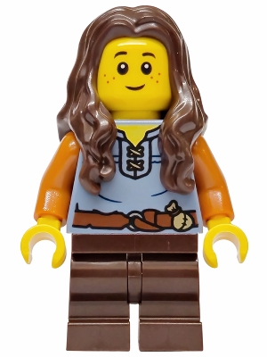Mushroom Village - Female, Sand Blue Vest, Dark Brown Medium Legs, Dark Brown Long Wavy Hair