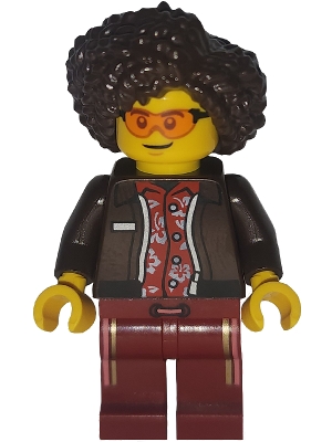 Art Factory Bassist - Female, Dark Brown Jacket over Red Hawaiian Shirt, Dark Red Legs with Coral and Gold Vertical Stripes, Dark Brown Hair