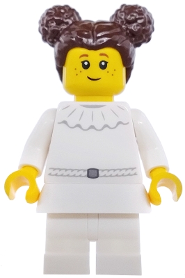 Art Factory Ballerina Student - Girl, White Dress with Ruffled Collar, White Medium Legs, Dark Brown Hair with Two Buns on Top, White Skirt