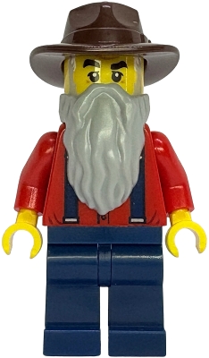 Gold Mine Prospector - Male, Red Shirt with Tan Tie, Dark Blue Legs, Dark Brown Fedora, Light Bluish Gray Beard