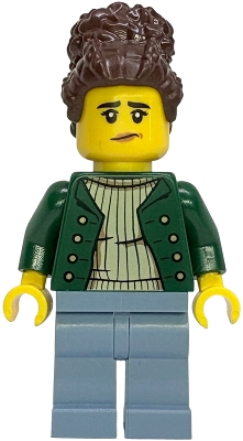 Gold Mine Worker - Female, Dark Green Open Jacket, Sand Blue Legs, Dark Brown Coiled Hair with Bun