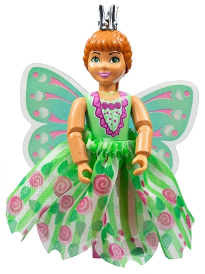 Belville Female, Child Girl (Princess Flora) - Medium Green Top with Flowers Pattern, Dark Orange Hair, Dark Pink Shoes, Skirt with Wings, Crown
