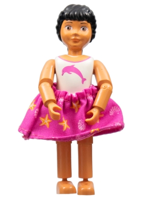 Belville Female, Child Girl - White Swimsuit with Dolphin Pattern, Black Hair, Skirt, Bow