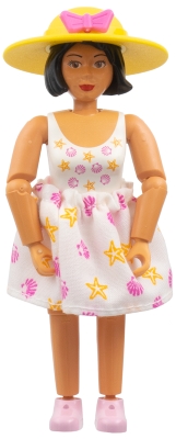 Belville Female - White Swimsuit with Starfish / Sea Stars and Seashells Pattern, Black Hair, Pink Shoes, Hat with Bow