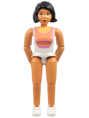 Belville Female, Adult Woman - White Swimsuit with Dark Pink and Light Orange Stripes Pattern, Black Hair, White Shoes (4140031)