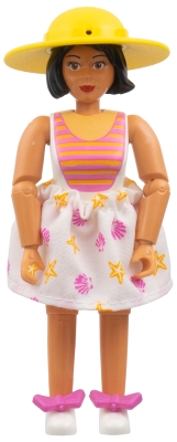 Belville Female, Adult Woman - White Swimsuit with Dark Pink and Light Orange Stripes Pattern, Black Hair, White Shoes, Skirt, Hat, Bows