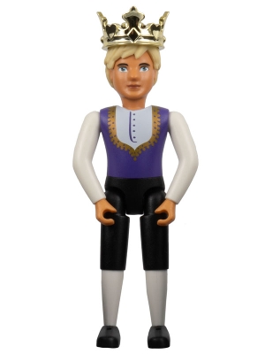 Belville Male, Adult Man (King) - Black Shorts, Dark Purple Top with Gold Trim and White Shirt Pattern, Light Yellow Hair, Black Shoes, Crown