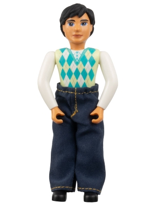 Belville Male, Adult Man - Black Pants, Light Lime Top with Argyle Pattern, Black Hair, Black Shoes, Jeans
