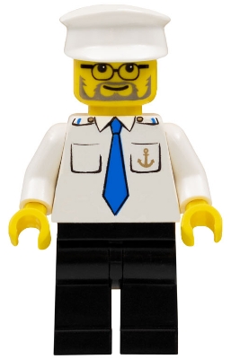 Boat Captain with Blue Tie and Anchor on Pocket, White Hat
