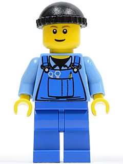 Overalls with Tools in Pocket Blue, Black Knit Cap