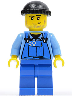Overalls with Tools in Pocket Blue, Black Knit Cap, Smirk and Stubble Beard